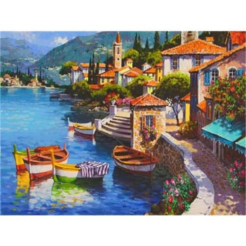 Landscape Town Seaside DIY 11CT Embroidery Cross Stitch Kits Needlework Craft Set Printed Canvas Cotton Thread Home Design