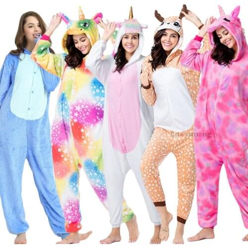 Winter Women Kigurumi Onesies Adults Hooded Unicorn Sleepwear Stitch Panda Pajamas Licorne Halloween Costumes Flannel Jumpsuit