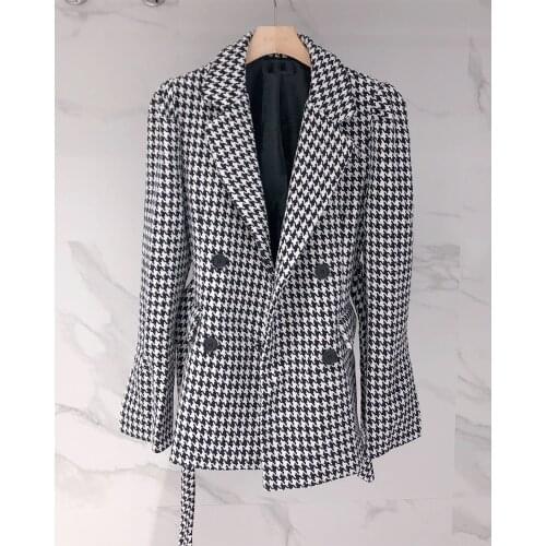 Slim Tie-Waist Houndstooth Woolen Jacket Spring and Autumn Retro Suit Collar Double-Breasted