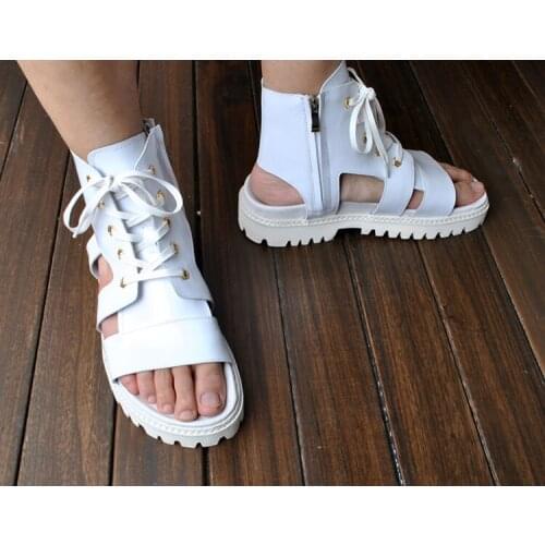 Black white cool casual leisure high shaft Roman Sandals Summer genuine leather Roman skin peep toe thick platform beach shoes