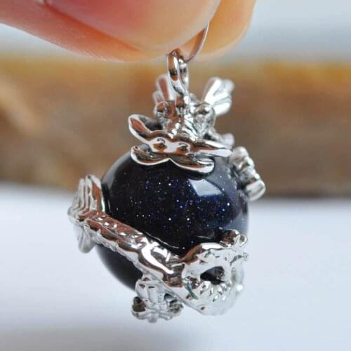 Blue Sandstone Round Bead Pendant Dragon Jewelry For Woman Gift S550