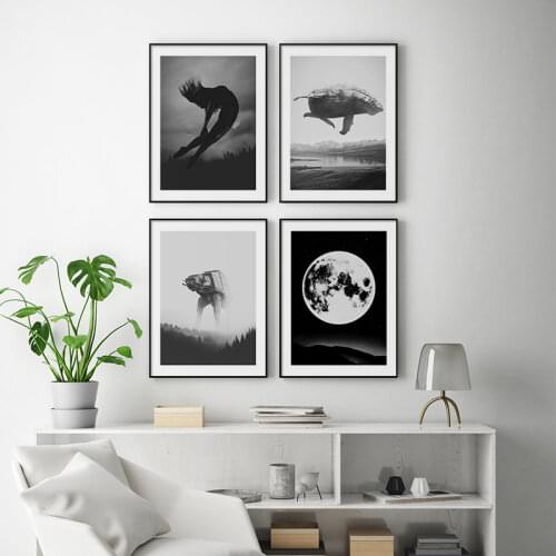 Scandinavian Abstract Style Canvas Painting Black and White Moon Forest Poster and Prints Wall Art Pictures for Living Room Home