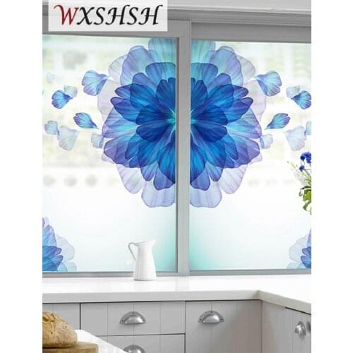 Custom Size Static Cling Window Sticker Blue Flower Home Decor Private Frosted Glass Film For Window Door Cabinet Table Surface