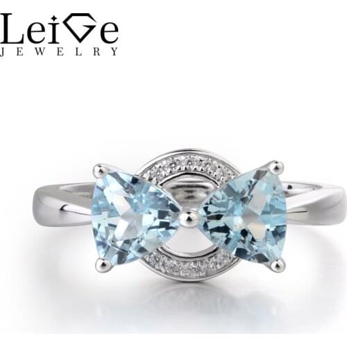 Leige Jewelry Genuine Aquamarine Gemstone March Birthstone 925 Sterling Silver Trillion Cut Anniversary Two Stones Ring For Girl
