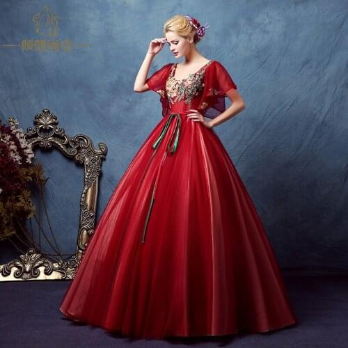 Wine red flower embroider rhinestone butterfly sleeve court ball gown medieval dress Renaissance Victoria/Antoinette/ Belle Ball