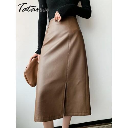High Fashion Brown Midi Skirts Women Autumn 2021 Soft Pu Leather Skirt Zipper Long Straight Skirts for Women High Waist Mujer