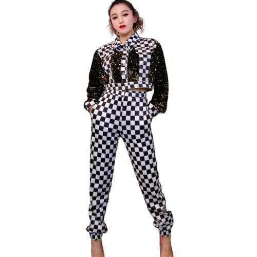 Women Hip Hop Costumes Trendy Plaid Top Pants Street Dance Clothes Adults Jazz Dance Wear Ballroom Rave Stage Outfits XS1409