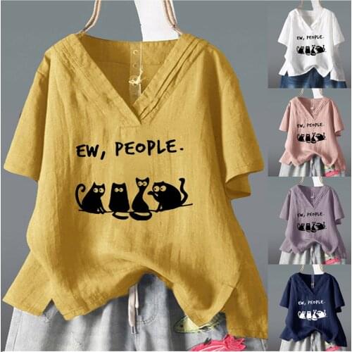 Soft Cotton Linen V-neck Female Shirt Womens Casual Cat Print Loose Shirt Top Short Sleeves Blouse Pullover Camisas De Mujer