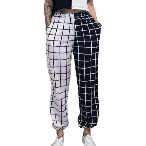 Womans Fashionable Casual Black White Checkerboard Splicing Casual Trousers Plaid Elastic Loose Long Pants