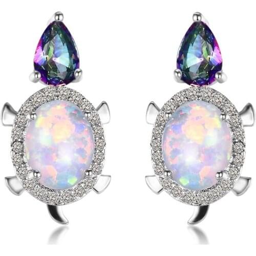 UFOORO stud earrings White Blue Fire Opal Earrings for Women Jewelry Cute turtle Earrings Christmas Gift girlfriend Ear0937