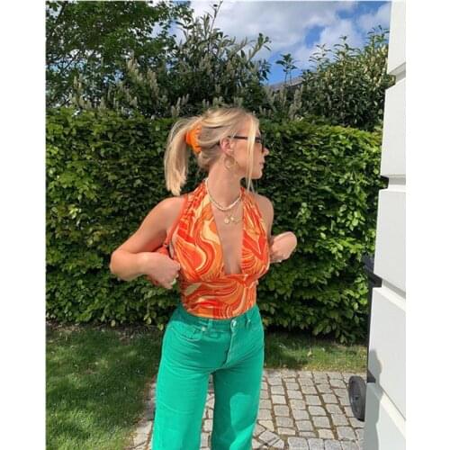 Women Water Wave Print Vest Sleeveless Deep V-neck Backless Cropped Tops for Summer Y2K Harajuku Bandage Deep V-Neck Tank Top