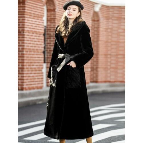 Fur Coat Women Winter European and American Fur Coat Mink Fur Mouth with Hooded Sheep Fur One Coat Womens Long Style FS21100
