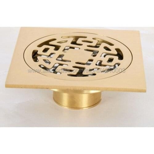 10 cm Square Golded Brass Shower Drain Hair Strainer Art Carved Bathroom Accessories Waste Grate Floor Drain Cover Khr050