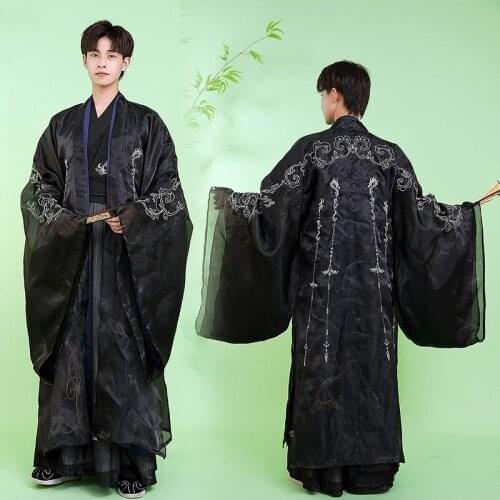 Free shipping Black Retro dragon pattern Hanfu double layer large sleeve shirt