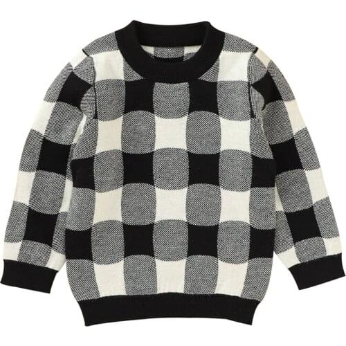 Baby’s Korean Long-sleeved Knitted Top Autumn and Winter Fashion Plaid Pattern Pullover Knitwear