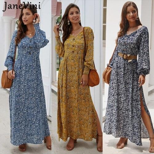 JaneVini Women Spring Elegant A Line Long Dresses Vintage Print Floral Long Sleeves V Neck with Button Split Boho Casual Dress