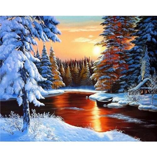 Snow scene Painting By Numbers 40x50cm Winter forest river sunset Oil Painting Picture By numbers On Canvas Home Decor