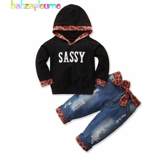 Baby 2Piece Set Spring Fall Toddler Girls Clothes Casual Fashion Hooded Letter T-shirt+Kids Jeans For Children Clothing BC1812-1
