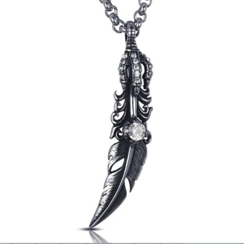 Long Chain Feather, Eagle Claw Steel Mens Necklace