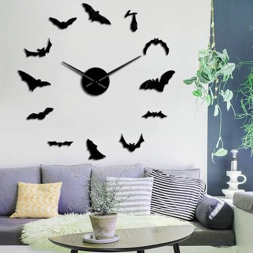 Bats DIY Large Numer Wall Clock Modern Design Giant Wall Clock Mirror Effect Wall Sticker Frameless Halloween Wall Watch