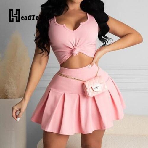 Solid Pleated Young Style Fashion Two Piece Set Women Sleeveless Above Knee Navel Pleated Skirt 2 Piece Set Women