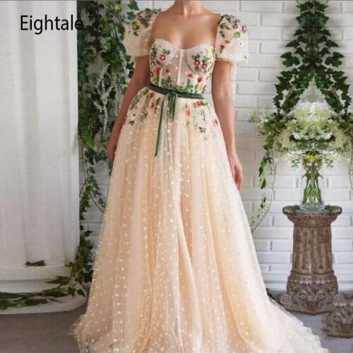 Elegant Fairy Prom Dresses 3D Flowers A-Line Short Cap Sleeves Arabic Evening Party Gown Tulle Celebrity dress for Graduation