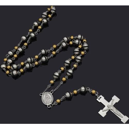 Gift Men Women Christ Stainiless Steel Beads 8mm Rosary Bead Cross Pendant Link Chain Necklace Jewelry Accessories RN62