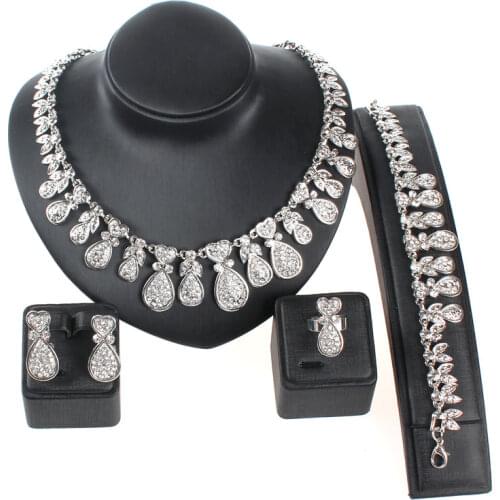 Fashion Women Wedding Party jewelry sets Silver plated Clear Austrian crystal earrings necklace ring bracelet jewelry sets