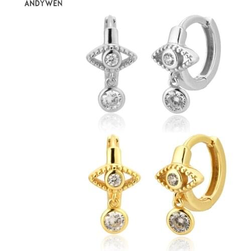 ANDYWEN 925 Sterling Silver Gold Lucky Eye Huggies 7.8mm Hoops Women Luxury Zircon Clear Loop Circle Piercing Ohrringe Earring