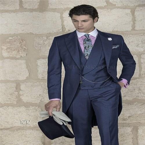 Morning Style Groom Tuxedo Navy Blue Groomsmen Peak Lapel Wedding/Dinner Suits Best Man Bridegroom (Jacket+Pants+Tie+Vest)