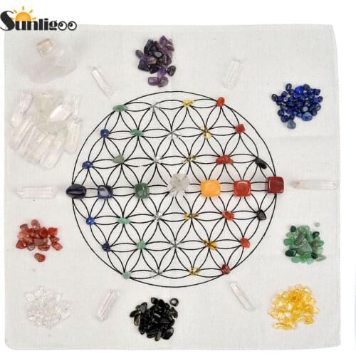Sunligoo Chakra Crystal Healing Kit/ Lot of 7 Chakra Assorted Chips Stones Clear Quartz Crystal Wands Points&Crystal Grids Cloth