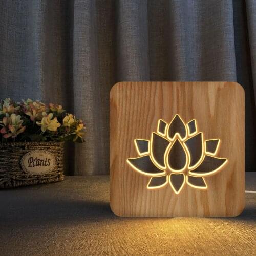 Lotus Led Wooden Night Light Solid Wood Hollow Carving 3d Led Table Lamp Decorative Gift for Kids Home Bedroom Office Decor