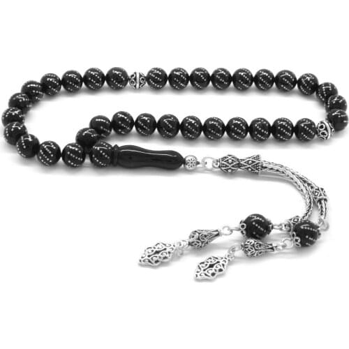 Tesbihane 925 Sterling Silver Double Tassels Light Silver embroidered Sphere Cut Erzurum Oltu stone Rosary