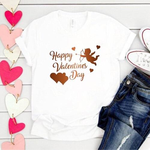 Love Angel Print Women Couple T-Shirt Round Neck Sweet Cute T Shirt for Vatentines Day Gift Short Sleeve Couple Tee Shirt