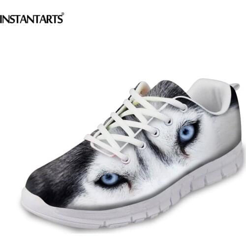 INSTANTARTS Cute Animal Husky Cat Head Print Women Fashion Flats Shoes Air Mesh Sneakers for Ladies Lace Up Light Weight Shoes