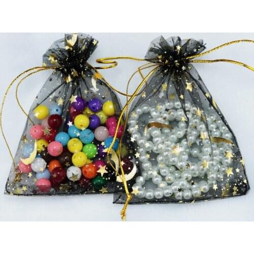 100pcs 9x12cm Drawable Organza Bags Star Moon Black color Wedding Christmas Gift Bag Jewelry Packaging Bags Pouches