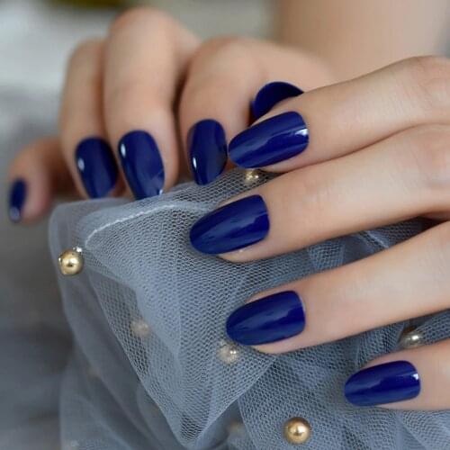 UV Gel Small Oval Faux Nails Diamond Blue Glossy Polish Cover Designed Nail Artificial Tips with Gluetabs 24pcs