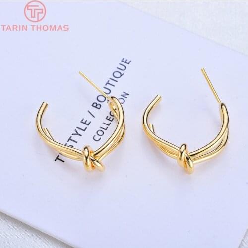 6PCS 24MM 24K Gold Color Brass Double Line Knot Stud Earrings High Quality Diy Jewelry Findings Accessories