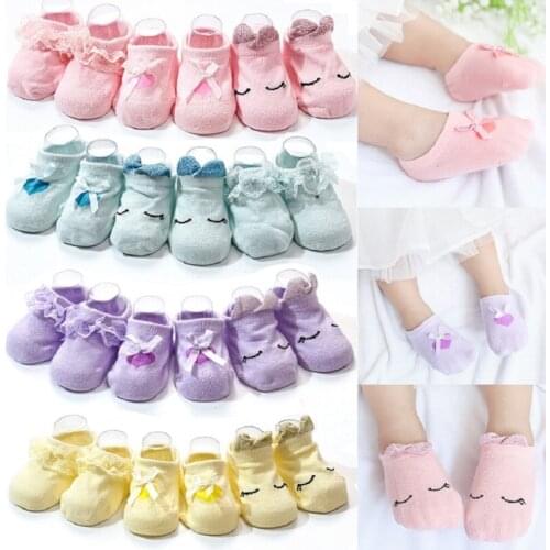 AiKway 3Pairs / lot Baby Girl Socks Cotton Socks Infant Newborn Cartoon Bow Lace Socks Non-slip Floor Socks