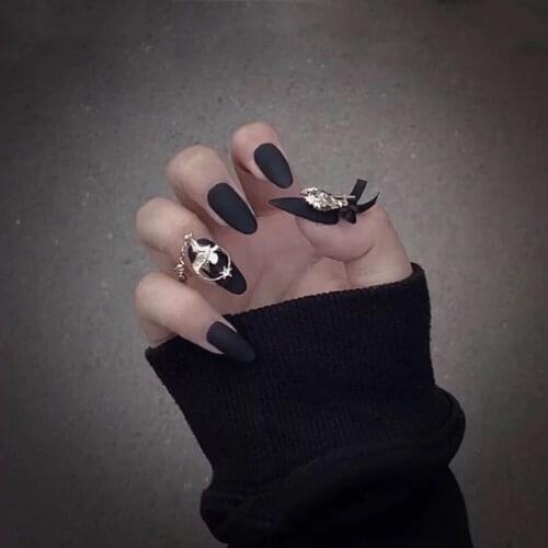 American punk style New black pure color with bird decoration 3d fake nails Middle-long size lady full nail tips false nails
