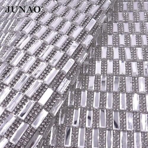 JUNAO 24x40cm Clear Hotfix Rhinestones Mesh Trim Rectangle Crystal Applique Iron On Strass Ribbon Banding for Clothes