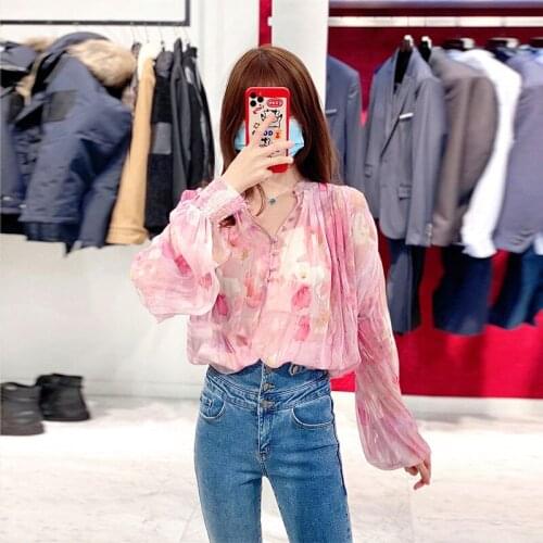 21tk spring French and summer new floral print single breasted top gentle wind crepe loose lining collar shirt