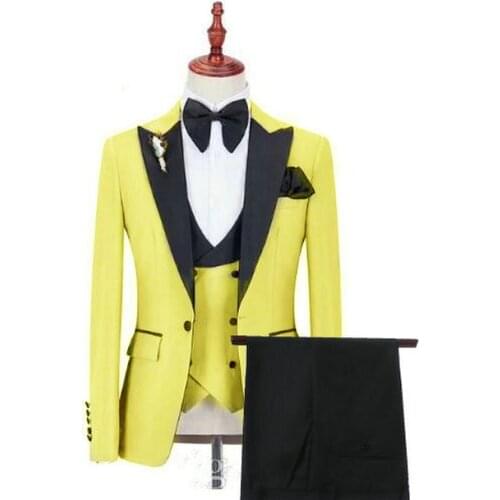 Formal Men Suits Classic Yellow 2021 Slim Fit Peaked Lapel Groom Suit For Men Tuxedo Best Man Blazer Wedding/Prom Suits 3 Pieces
