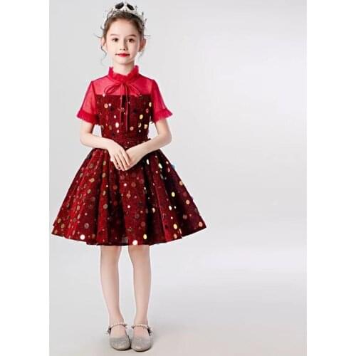 Flower Girl Dresses Illusion High Short Sequined Princess Knee-Length Tulle Lace Luxury Burgundy Elegant Kids Party Gown H481