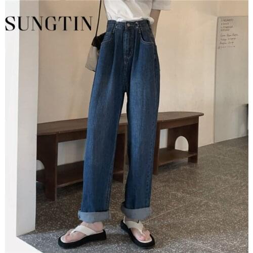 Sungtin New Korean High Waist Causal Wide Leg Jeans for Women Vintage Loose Straight Trousers BF Long Denim Pants Chic Button