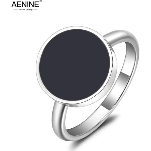AENINE Trendy OL Style Party Ring For Women Girls 10/12mm Black Acrylic Stone Titanium Stainless Steel Rings Jewlery AR19048