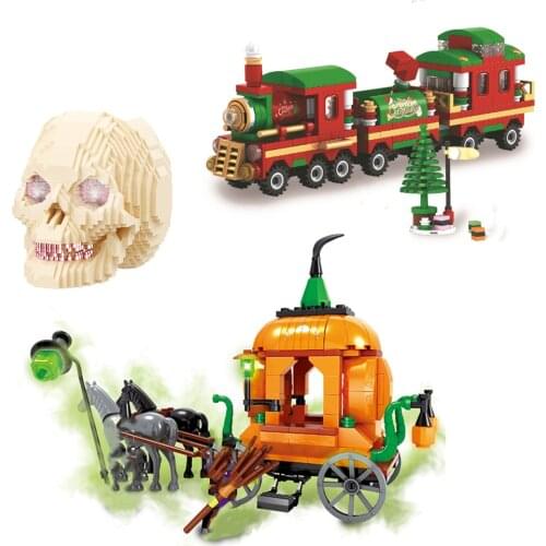 Christmas Train Tree Building Blocks Mini Skull Halloween Witch Pumpkin Car Model With Figures Bricks Set Toys for Children Gift