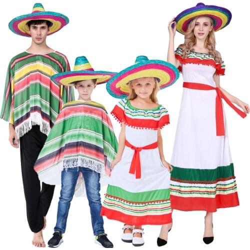 Halloween Adults Kids children stripe Mexico costume dress Cape Straw hat Mexican Poncho Cosplay performance clothes Cloak