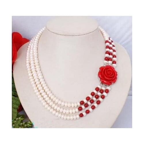 Hot Sale Luck Pearl Jewelry 3 Strands White Freshwater Pearls Red Coral Resin Flower Necklace Wedding Birthday Party Women Gift
