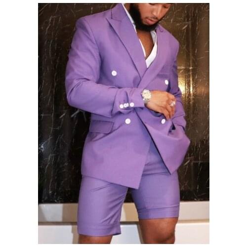 Purple Men Short Blazer 2 Piece Groom Tuxedos For Wedding Formal Prom Suit (Jacket+Pants) Chic Streetwear Double Breasted